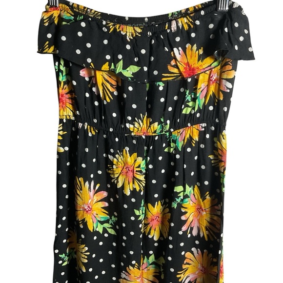 BONGO Black Floral Polka Dot Maxi Dress Strapless Ruffle Boho - Picture 4 of 5